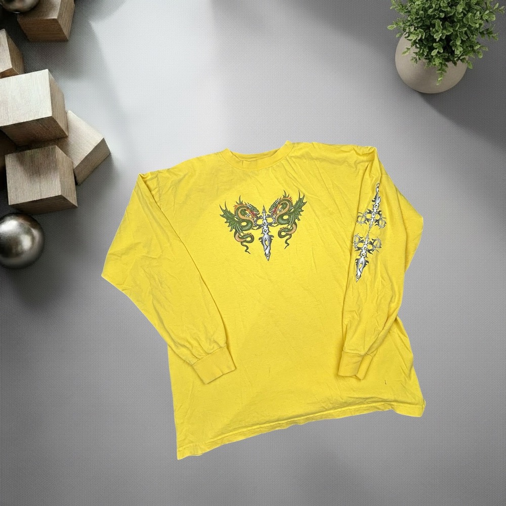Vintage Extreme Limit Long Sleeve Dragon Graphic T-Shirt Yellow XL Y2K Skater